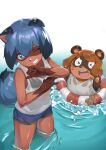  2020 anthro biped blue_hair bottomwear brand_new_animal breasts brown_body brown_fur brown_hair canid canine clothed clothing duo facial_markings female fur hair head_markings hi_res inflatable inner_tube jackie_(brand_new_animal) lizzy_imo mammal markings mask_(marking) michiru_kagemori one_eye_closed open_mouth partially_submerged raccoon_dog shirt shorts studio_trigger tanuki teeth topwear translucent translucent_clothing wet wet_clothing wet_shirt wet_topwear 