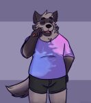  2021 black_nose clothing dave_(password) eating eyes_closed hi_res humanoid_hands hyaenid male mammal orbitpaws password_(visual_novel) shirt simple_background slightly_chubby solo striped_hyena topwear underwear video_games visual_novel 