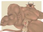  2021 4:3 anthro balls belly bovid bovine brown_body cattle condom filled_condom flaccid genitals horn humanoid_genitalia humanoid_hands humanoid_penis kemono male mammal moobs navel nipples overweight overweight_male penis sexual_barrier_device simple_background solo velcro74656 