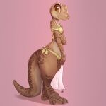  1:1 2021 4_toes absurd_res anthro barefoot breasts brown_body claws clothed clothing crop_top digitigrade feet female hi_res looking_at_viewer louart midriff navel pink_background scalie shirt signature simple_background smile solo spread_toes thick_thighs toes topwear 