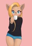  2020 anthro black_clothing black_shirt black_topwear blonde_hair blue_bottomwear blue_clothing blue_eyes blue_shorts blush bottomwear brown_body brown_fur cheek_tuft clothing cute_face domestic_cat drinking eyewear facial_tuft felid feline felis female fur glasses hair holding_mug looking_at_viewer mammal prick_ears shirt shorts simple_background solo topwear tuft unousaya 