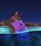  animal_genitalia anthro balls brown_body brown_fur canid canine canis ear_piercing fur genitals hair hi_res male mammal night nipples nude obese outside overweight partially_submerged piercing poolside purple_body purple_fur purple_nose sheath sinibun_95 sitting sky solo wet wolf 
