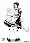  absurd_res anthro beverage big_breasts biped blush bob_cut bodily_fluids breasts cake clothed clothing dessert felid feline female food fur hair hi_res holding_object huge_breasts legwear looking_down maid_uniform mammal monochrome murazaki open_mouth simple_background solo standing stockings sweat sweatdrop tea uniform white_background 