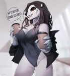  2021 5_fingers anthro black_nose breasts brown_hair canid canine clothed clothing digital_media_(artwork) eyebrows eyelashes female fingers hair hi_res leotard mammal red_eyes smile solo standing teeth unknowhiter 