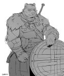  2021 anthro biped hi_res male mammal monochrome musclegut nipples shield simple_background sinibun_95 sketch solo ursid viking weapon white_background 