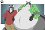  anthro belly big_belly bottomwear cjshadorunner clothed clothing duo facial_markings fur gloves_(marking) green_clothing green_topwear grey_body grey_fur hands_on_belly head_markings hyper hyper_belly larger_anthro larger_male male mammal markings mask_(marking) overweight procyonid raccoon red_clothing red_topwear size_difference small_head smaller_anthro smaller_male topwear 