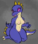  anthro blep blue_body blue_scales breasts claws digital_media_(artwork) female genitals grey_background kneeling looking_at_viewer multicolored_body multicolored_scales pink_eyes pussy reptile scales scalie simple_background solo tan_body tan_scales tongue tongue_out two_tone_body two_tone_scales zzx 