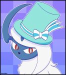  absol absurd_res accessory ambiguous_gender black_border border bow_tie clothing fashionable_style_absol feral fluffy fur hair hat headgear headwear hi_res horn mammal moonabloom nintendo pok&eacute;mon pok&eacute;mon_(species) pokemon_unite pupils red_eyes ribbons simple_background solo top_hat video_games white_body white_fur white_hair 