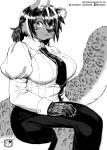  2021 absurd_res anthro big_breasts biped bottomwear breasts claws clothed clothing dress_shirt felid female fully_clothed fur greyscale hair hi_res huge_breasts looking_at_viewer mammal monochrome murazaki necktie pantherine pants shirt simple_background sitting smile solo topwear white_background 