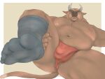  2021 4:3 anthro anus asian_clothing balls_outline belly bovid bovine brown_body bulge cattle clothing east_asian_clothing fundoshi genital_outline horn humanoid_hands japanese_clothing kemono male mammal moobs nipples overweight overweight_male penis_outline red_clothing red_fundoshi red_underwear simple_background solo underwear velcro74656 