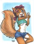  2017 anthro breasts brown_body brown_fur female fluffy fluffy_tail fur gesture hair mammal midriff navel one_eye_closed open_mouth red_hair rodent sciurid solo sonitweek talkeetna tree_squirrel under_boob v_sign whiskers wink 