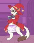  anthro book clothing cuddlehooves diaper digitigrade domestic_cat eyewear felid feline felis glasses hat headgear headwear looking_at_viewer magic_user male mammal smile solo standing teeth wizard_hat 