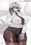  absurd_res anthro big_breasts biped blush breasts canid canine clothing dress_shirt female fish fur hair half-closed_eyes hi_res huge_breasts hybrid legwear looking_away mammal marine murazaki narrowed_eyes necktie painting_(artwork) pencil_skirt shark shark_tail shirt simple_background smile solo thick_thighs topwear traditional_media_(artwork) watercolor_(artwork) white_background wide_hips 