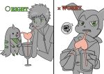  &lt;3 anthro bandai_namco clothed clothing digimon digimon_(species) drinking duo group henry_wong hi_res human humor impmon infographic male mammal sanshi straw terriermon 
