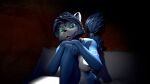  16:9 2021 3d_(artwork) anthro bed big_breasts blue_body blue_fur blue_hair breasts canid canine canis clothing digital_media_(artwork) female fox fur furniture glowing glowing_eyes green_eyes hair hands_on_knees hi_res jackiey jewelry krystal looking_at_viewer mammal nintendo nipples solo star_fox thick_thighs video_games vignette white_body white_fur widescreen 