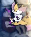  5:6 absurd_res ambiguous_gender anthro bed black_body black_fur braixen duo eyes_closed fan_character feral fluffy fluffy_tail fur furniture grey_body grey_fur hi_res hug lying lying_on_bed mammal markings_(fur) nintendo on_bed paws plushie pok&eacute;mon pok&eacute;mon_(species) snoiifoxxo tuft video_games white_body white_fur yellow_body yellow_fur zorua 