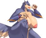  anthro areola big_breasts breasts canid canine canyne capcom carsen female hi_res huge_breasts kemono licking licking_lips licking_own_lips mammal monster_hunter monster_hunter_rise mostly_nude nipples palamute self_lick simple_background solo thick_thighs tongue tongue_out video_games white_background 