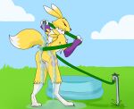  anthro bandai_namco cloud digimon digimon_(species) female fur genitals grass hi_res hose kiddie_pool plant presenting presenting_pussy puddle pussy raised_tail renamon rinsing sillydraco sky solo water wet wet_body wet_fur wrapped_up 