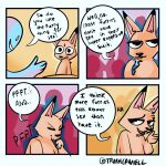  1:1 2021 absurd_res anthro bodily_fluids canid canine comic dialogue digital_media_(artwork) dipstick_ears duo english_text eyes_closed fox fur hi_res human humor laugh mammal multicolored_ears orange_body orange_fur solo speech_bubble sweat text trashcamell 