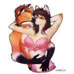  anthro breasts canid canine canis clothing digital_media_(artwork) domestic_dog duo ear_piercing english_text female fox hug kissing lingerie love male male/female mammal markings piercing profanity sadbitch spots spotted_markings sticker text 