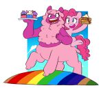  2021 absurd_res alpha_channel border camelid centaurworld chub-wub crossover cupcake duo earth_pony equid equine female feral food friendship_is_magic hair happy hasbro hi_res holding_food holding_object horse lgbt_pride llama mammal my_little_pony open_mouth pancake pink_body pink_hair pinkie_pie_(mlp) pony pride_colors rainbow rainbow_flag rainbow_pride_flag rainbow_symbol riding simple_background smile taur transparent_background transparent_border wammawink 