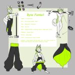  1:1 absurd_res andromorph anklet anthro bracelet byte_fantail_(character) canid canine canis cape cheek_tuft chest_tuft clothed clothing collar domestic_dog english_text eyes_closed facial_tuft fur genitals green_body green_eyes green_fur hammer harem_pants head_tuft hi_res husky inner_ear_fluff intersex jewelry leaning_on_object legband mammal model_sheet multicolored_body multicolored_fur navel no_underwear nordic_sled_dog nude pawpads pink_nose pink_pawpads presenting presenting_pussy pulling_pants_down pussy sillydraco solo spiked_anklet spiked_bracelet spiked_collar spiked_legband spikes spitz spread_legs spreading text tools topless tuft two_tone_body two_tone_fur white_body white_fur 