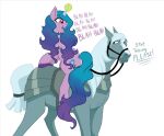  2021 ambiguous_gender armor ball blue_body bridle centaurworld crossover dialogue duo english_text equid equine fatepriceof female feral fetlocks grey_body hair hasbro horn horse horse_(centaurworld) izzy_moonbow_(mlp) mammal mane mlp_g5 my_little_pony purple_hair riding simple_background smile tennis_ball text unicorn white_background white_mane 