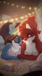  2021 anthro bed black_nose blue_body blue_fur blue_highlights bra breasts canid canine clothing duo eyes_closed female female/female fox fur furniture hi_res highlights_(coloring) lying lying_on_bed mammal on_bed pawpads pillow pink_eyes red_body red_fur rial smile underwear 