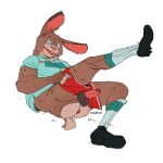  1:1 anthro anus balls bottomwear brown_body brown_fur butt clothed clothing footwear fur genitals hi_res lagomorph leporid male mammal pants_down partially_clothed penis rabbit shirt shoes shorts simple_background sinibun_95 socks solo topwear white_background 