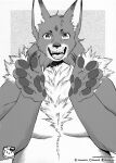  absurd_res anthro chest_tuft claws felid feline greyscale half-length_portrait hi_res looking_at_viewer lynx male mammal monochrome murazaki neck_tuft open_mouth pawpads portrait sharp_teeth simple_background smile solo teeth tuft 