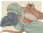  2021 4:3 anthro belly bottomwear bovid bovine brown_body bulge cattle clothing horn humanoid_hands kemono male mammal moobs nipples overweight overweight_male pants simple_background solo underwear velcro74656 