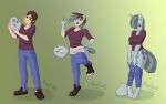  2019 absurd_res anthor anthro bottomwear breast_growth breasts brown_hair clothing cutie_mark female footwear friendship_is_magic gender_transformation green_background growth hair hi_res holding_object human human_to_anthro male mammal marble_pie_(mlp) moomaid mtf_transformation my_little_pony on_one_leg pants rock sequence shirt shoes simple_background solo species_transformation standing surprise topwear transformation 
