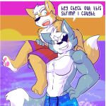  1:1 abs anthro blush canid canine canis clothed clothing digital_media_(artwork) duo english_text fizzyjay fox fox_mccloud fur grey_body grey_fur hi_res looking_at_viewer male mammal muscular muscular_male nintendo pecs star_fox swimming_trunks swimwear text topless video_games wet wolf wolf_o&#039;donnell 