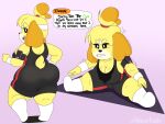  4:3 absurd_res animal_crossing anthro big_butt blonde_hair bodily_fluids breasts butt canid canine canis cleavage clothed clothing dialogue domestic_dog english_text female hair hi_res isabelle_(animal_crossing) mammal nintendo shih_tzu stretching sweat text toy_dog video_games wit_1 yellow_body 