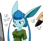  2017 anthro blue_body blue_fur blue_hair breasts dialogue digital_media_(artwork) eeveelution english_text eyelashes female fingers fur galia_(sandwich-anomaly) glaceon grey_nose hair mirror nintendo open_mouth pen pok&eacute;mon pok&eacute;mon_(species) redesign sandwich-anomaly simple_background solo stylus teal_eyes text tongue video_games 