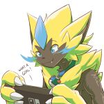 1:1 ambiguous_gender anthro black_body black_fur blue_eyes cheek_tuft chest_tuft claws collar collar_only english_text facial_tuft fangs felid feline finger_claws fur game_console gaming hi_res holding_object legendary_pok&eacute;mon mammal nintendo nintendo_switch playing_videogame pok&eacute;ball pok&eacute;mon pok&eacute;mon_(species) shaded simple_background smile solo text toshabi tuft video_games white_background white_claws yellow_body yellow_fur zeraora 