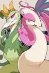  2021 ambiguous_gender blush bodily_fluids duo feral green_body green_scales hi_res milotic nintendo pok&eacute;mon pok&eacute;mon_(species) red_eyes reptile scales scalie serperior simple_background smile sweat video_games winte 