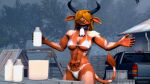  16:9 3d_(artwork) 4k absurd_res anthro arm_tattoo belly_tattoo bikini blonde_hair bovid bovine cattle clothing cow_(petruz) digital_media_(artwork) english_text fan_character female hair hi_res horn ludexus mammal metty_(ludexus) milk muscular muscular_female source_filmmaker swimwear tattoo text widescreen 