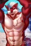  abs anthro blep canid canine canis clothed clothing fur fuwayuuko hair hi_res looking_at_viewer male mammal multicolored_body multicolored_fur muscular muscular_male no_shirt one_eye_closed pecs red_body red_fur solo standing tattoo tongue tongue_out topless two_tone_body two_tone_fur white_body white_fur white_hair wink winking_at_viewer wolf yellow_eyes 