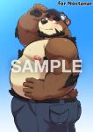  12beat13 2021 anthro beard belly black_nose blush brown_body brown_fur butt clothing cute_fangs distracting_watermark facial_hair fur hat headgear headwear kemono male mammal moobs navel nipples overweight overweight_male prandarr sample simple_background solo ursid watermark 