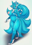  6_tails anthro armor belly big_breasts blue_body blue_fur blue_hair breasts claws curvy_figure dialga female fur genitals glance hair hi_res hybrid jewelry kemono legendary_pok&eacute;mon looking_at_viewer mostly_nude multi_tail ninetales nintendo nipples pok&eacute;mon pok&eacute;mon_(species) pregnant pussy red_eyes shadow simple_background slightly_chubby solo tailzkim unconvincing_armor video_games voluptuous walking white_background 