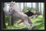  absurd_res animal_genitalia animal_penis canid canine canine_penis canis detailed_background erection fangs feral forest fur genitals grass grey_body grey_fur hi_res knot looking_at_viewer male mammal nude okdrsutsu outside penis plant solo tree wolf 