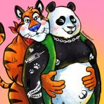  1:1 2021 anthro belly black_body blue_nose blush covid-19_pandemic duo edogaart felid frosted_flakes giant_panda hi_res hug hugging_from_behind kellogg&#039;s male male/male mammal mascot moobs muscular muscular_male nipples one_eye_closed orange_body overweight overweight_male pandemio pantherine tattoo tiger tony_the_tiger ursid white_body wink 