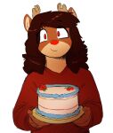  2021 anthro cake capreoline cervid clothed clothing dessert digital_media_(artwork) female food glowing glowing_nose hi_res mammal red_clothing red_eyes red_nose red_sweater red_topwear reindeer rue_(the-minuscule-task) simple_background solo sweater the-minuscule-task topwear waist_up white_background 