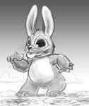  2019 4_fingers 4_toes alien city claws cloud destruction disney dy-2861 dylan_roberts experiment_(lilo_and_stitch) fan_character feet fingers fur greyscale head_tuft hi_res lagomorph lilo_and_stitch looking_down macro mammal monochrome scut_tail solo standing toes tongue tongue_out tuft tyrnn 