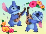  2021 3_toes 4:3 alien blue_body blue_claws blue_eyes blue_fur blue_nose claws digital_media_(artwork) disney experiment_(lilo_and_stitch) feet flower fur gradient_background happy head_markings hibiscus holding_musical_instrument holding_object lilo_and_stitch lute markings musical_instrument musical_note narrowed_eyes notched_ear occipital_markings plant playing_music plucked_string_instrument psychedelic-lemur simple_background small_tail smile solo squint standing stitch_(lilo_and_stitch) string_instrument toe_claws toes ukulele 