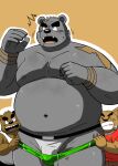  2021 anthro belly black_body black_fur black_nose bottomwear brown_body brown_fur bulge canid canine canis clothing domestic_dog fur genital_outline group humanoid_hands kemono male mammal moobs navel nipples overweight overweight_male pants penis_outline shiba-kenta shirt surprise topwear underwear ursid 