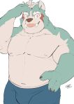  2021 anthro bottomwear bulge canid canine canis clothing humanoid_hands jmeo1230 kemono male mammal navel nipples oguchi_magami_(tas) overweight overweight_male pants simple_background solo tokyo_afterschool_summoners video_games white_background wolf 