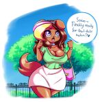  anthro big_breasts bottomwear breasts brown_hair canid canine canis cleavage clothed clothing domestic_dog english_text female hair latiar mammal outside plant purse skirt solo text tree wide_hips 