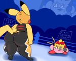  anthro big_butt butt clothing cosplay_pikachu_(costume) duo female fighting_ring huge_butt kirbot12 kirby kirby_(series) nintendo pikachu pikachu_libre pink_body pok&eacute;mon pok&eacute;mon_(species) short_stack thick_thighs video_games waddling_head wide_hips yellow_body 